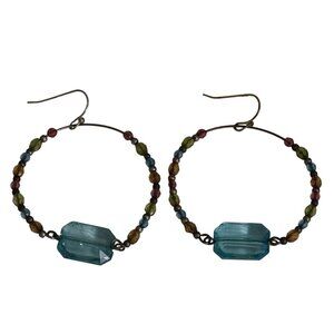 Blue Multicolor Beaded Hoop Earrings With Gold Tone Hooks Women 2 inches